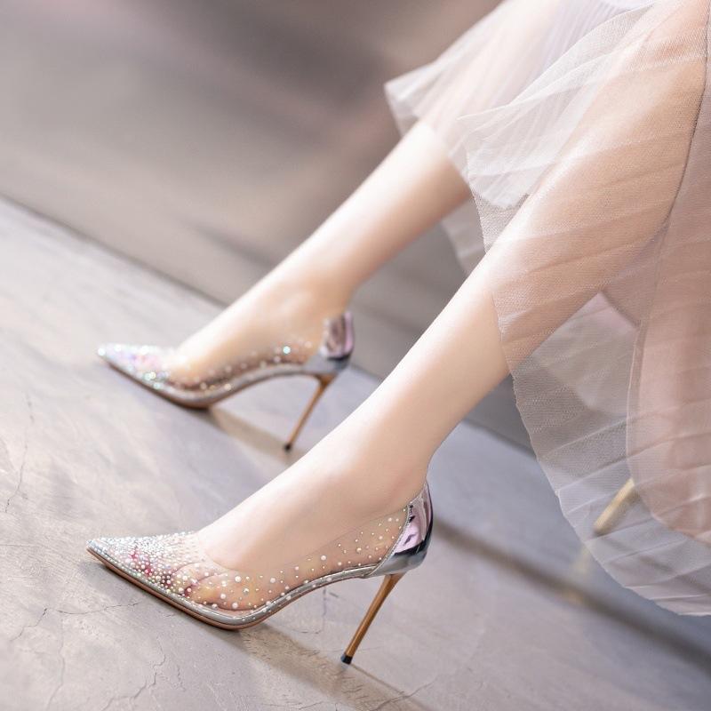 

Французские сандалии Новые стальные каблуки, тонкие каблуки, ультратонкие стразы, прозрачные высокие каблуки, женский летний сказочный стиль 38 feet wide and feet fat, one size larger