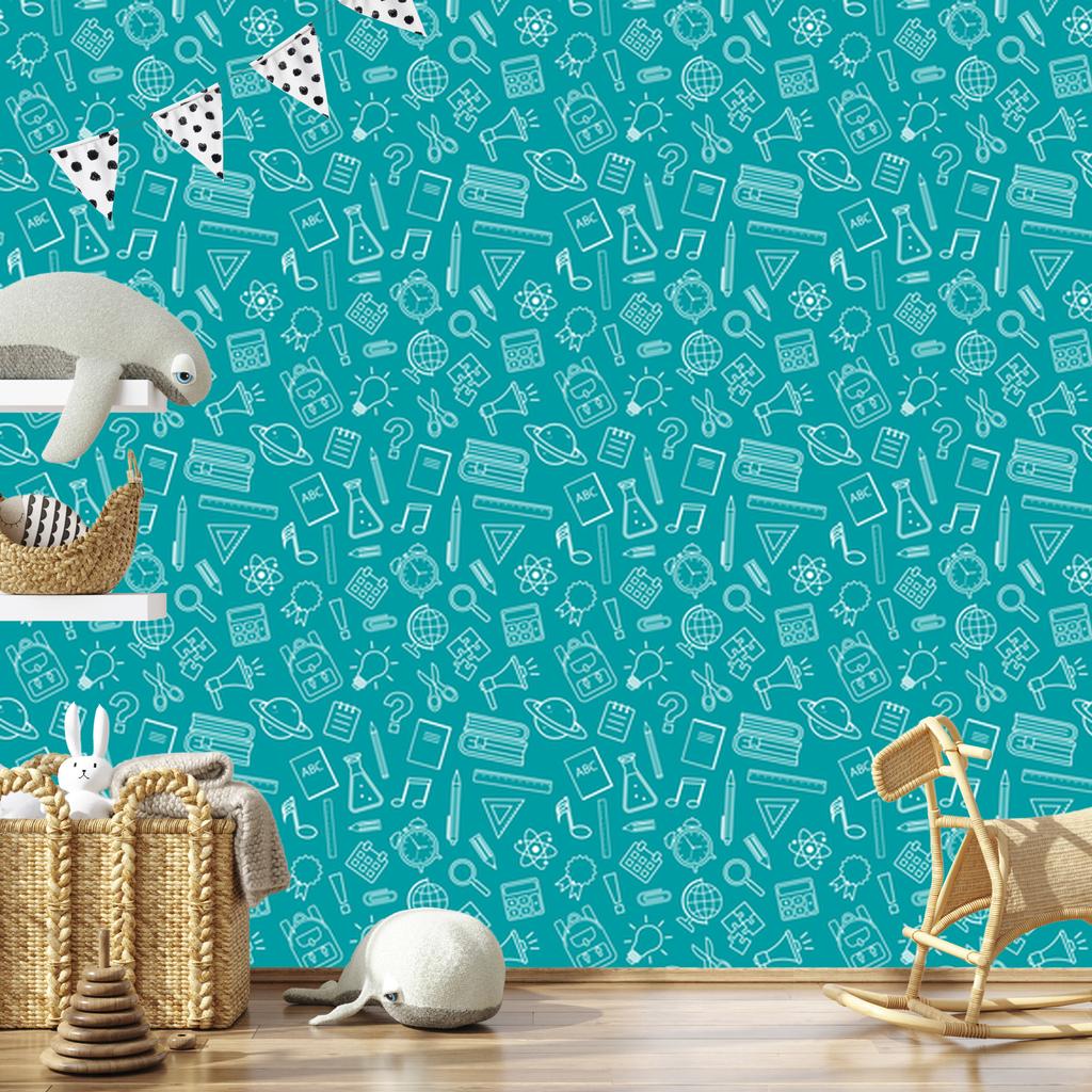 Wallpaper School Supplies Turquoise for Living Room and Bedroom 50x1000