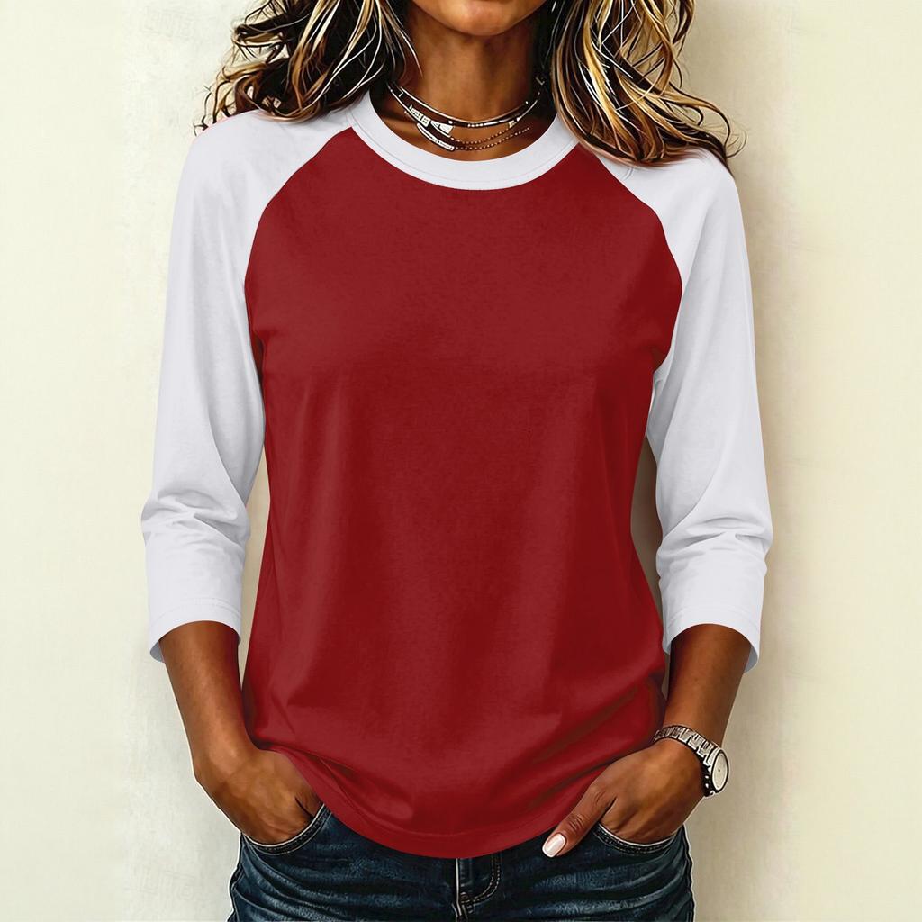 Women's Casual Color Block Pullover T-Shirt, Raglan 3/4 Sleeve, Round Neck, Lightweight Top for Summer, Spring, and Fall