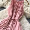 Elegant Beaded Studded Halter Strapless A-line Loose Dress for Women Sweet Pink Sleeveless Lace-up Pleated Dress Holiday Summer Dress