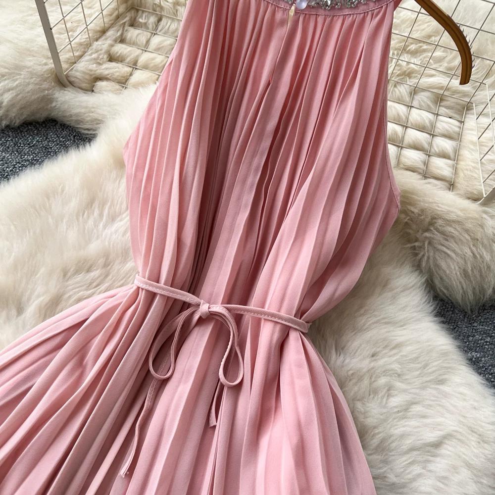 Elegant Beaded Studded Halter Strapless A-line Loose Dress for Women Sweet Pink Sleeveless Lace-up Pleated Dress Holiday Summer Dress