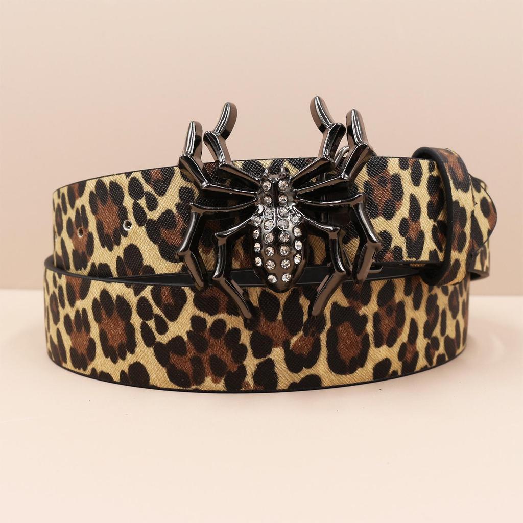 Y2K Leopard Print Rhinestone Spider Buckle Punk Leather Belt for Women