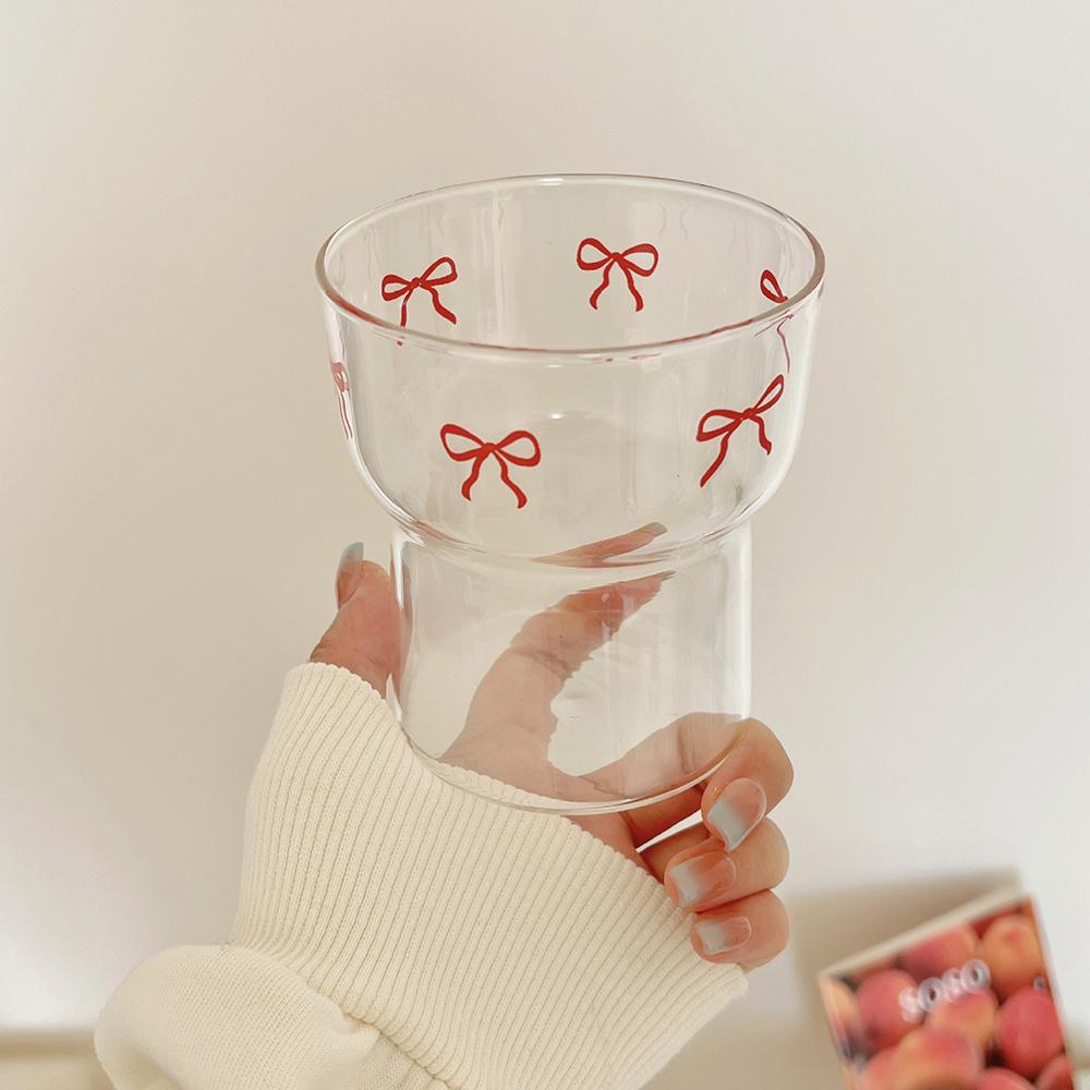 Cute Bowknot Glass Cup Aesthetic Kawaii Korean Glass Coffee Cups For Hot Cold Drinks Juice Wine Tea Drinking Glasses Dessert Cup 350ml