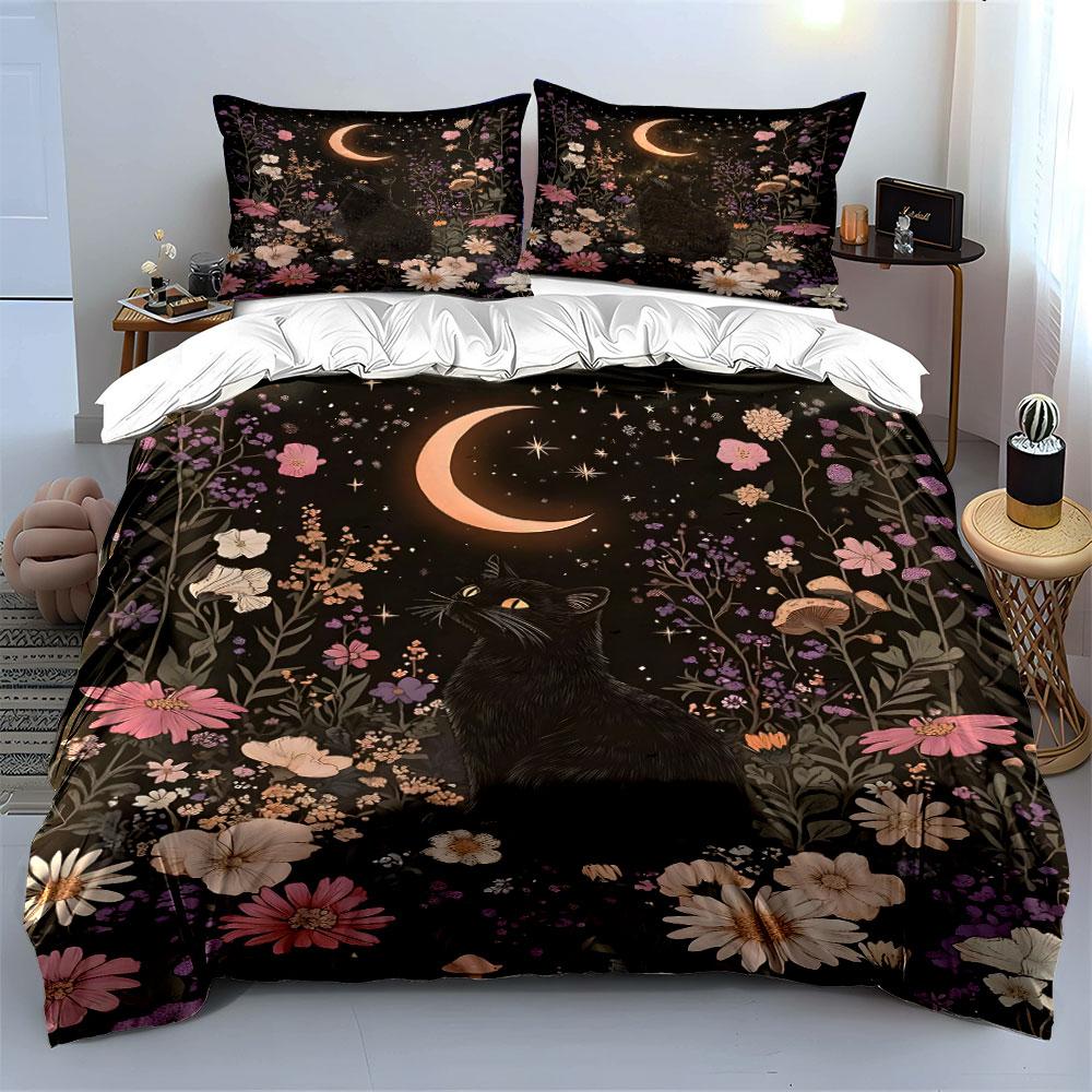 Crescent moon, black cat, flowers. Bedding sets Duvet cover sets Duvet covers Pillowcases(1 * Duvet Cover 2 * Pillowcases without duvet insert)