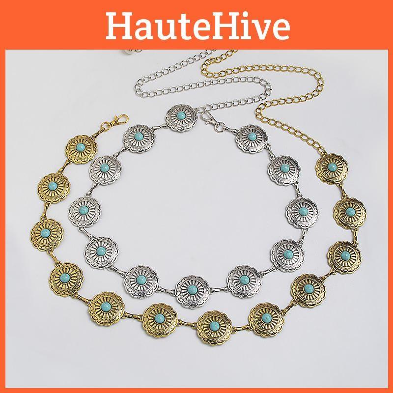 Style Western Turquoise Silver Metal Waist Chain With Carved Details Women For