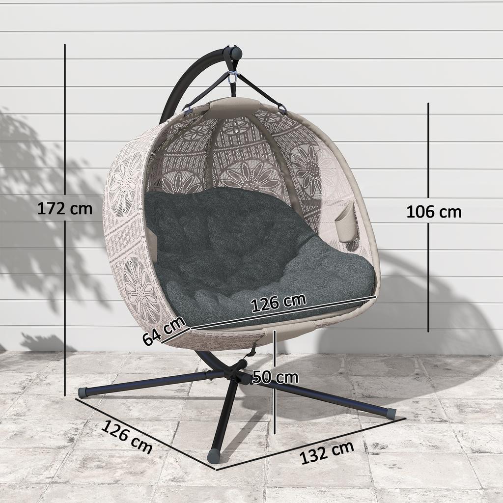 Hanging Chair with Stand, Egg-Shaped Hanging Swing with Removable Washable Cushion, Hammock for 2 People, Swing Chair Indoor Outdoor, Sand+Black