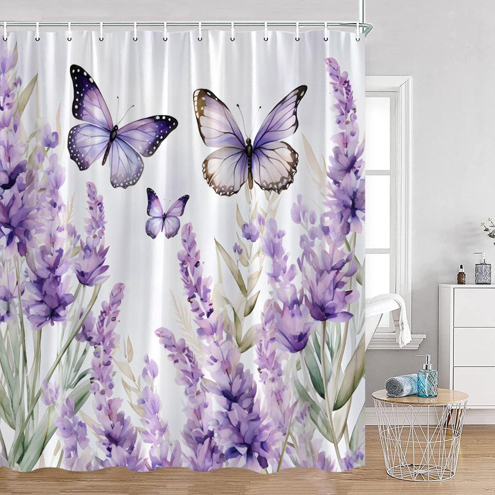 Watercolor Flower Pattern Shower Curtains Colorful Flowers Butterfly Greenery Plants Nature Home Decor For Bathroom Bath Curtain