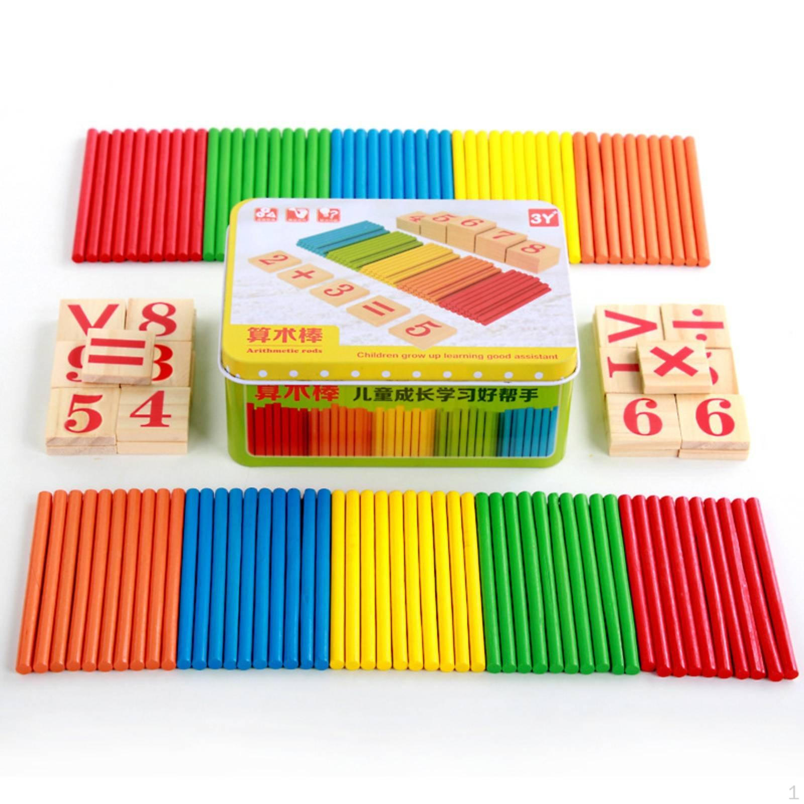 Arithmetic Rod Set Wooden Counting Sticks Storage Tin Box Number Rods for Preschoolers,