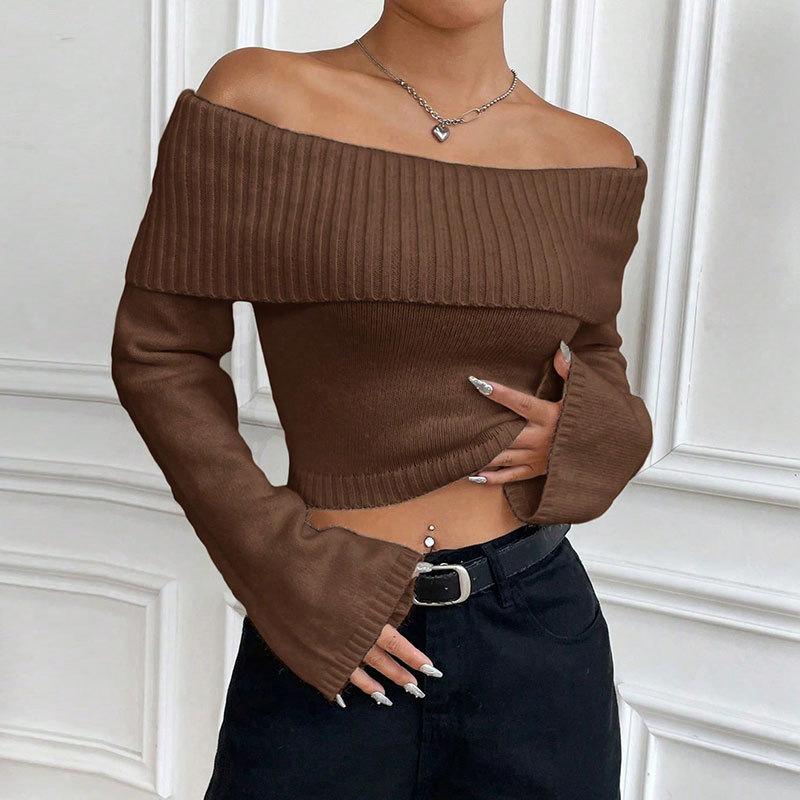 European and American autumn new knitted sweater top fashion slim one-word collar off-the-shoulder pullover sweater women