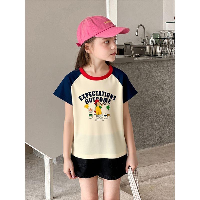 Trade Original Brand Children's Clothing Girls' Pure Cotton Short-Sleeved T-Shirt for Young Children with Cute Print Raglan Half-Sleeve for Summer