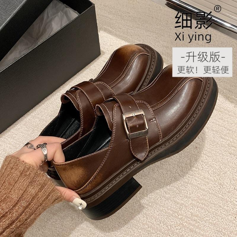 Genuine leather British ins small leather shoes women's 2025 new belt buckle platform loafers college retro polished single shoes