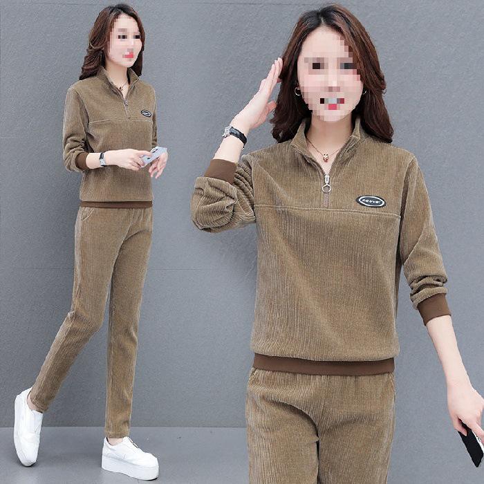 Women s Corduroy Casual Sportswear Set – Spring/Autumn Loose Fit, Plus Size, Fashionable Two-Piece L