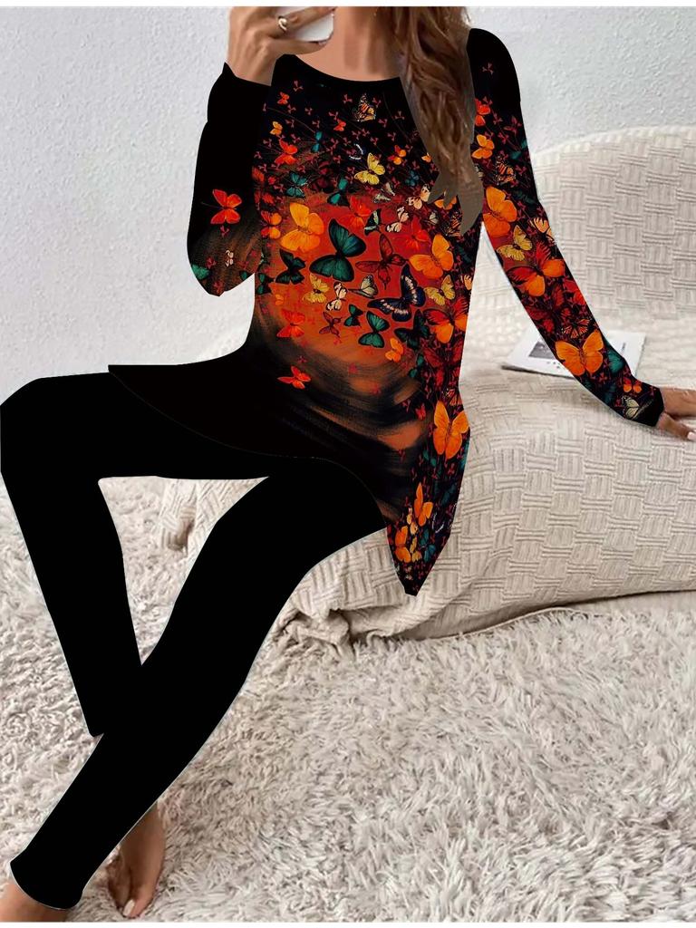 Euro-amerikanische Mode 3D Schmetterling bedrucktes Damen Vier-Jahreszeiten Langarm-T-Shirt + Lange Hose Zweiteiler. Perfektes Geschenk für Neujahr & Weihnachten