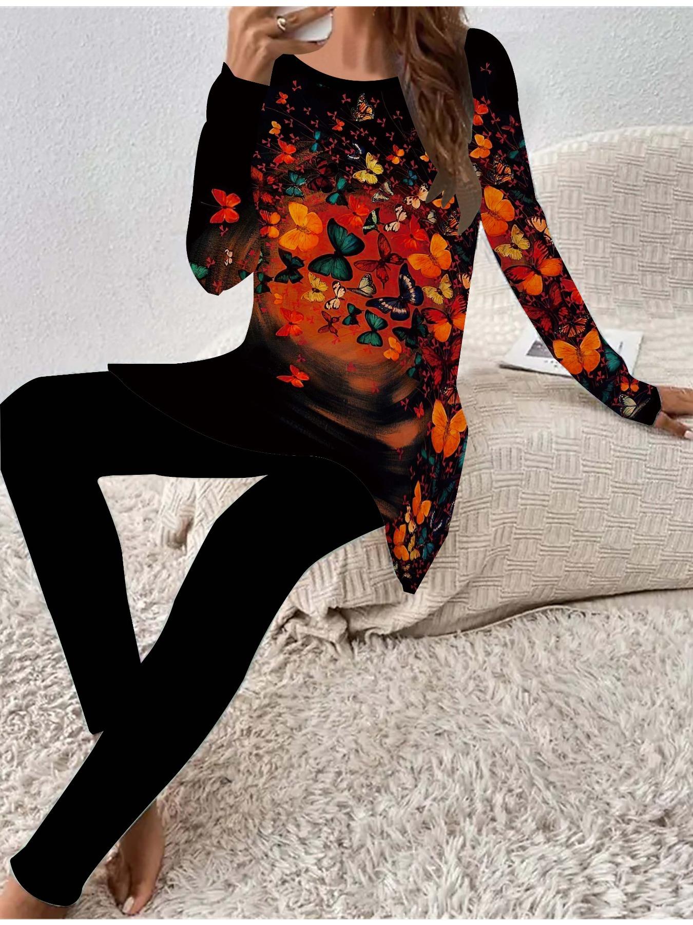 

Euro-American Fashion 3D Butterfly Printed Women s Four-season Long-sleeved T-shirt + Long Pants Two-piece Set. Perfect Gift for New Year & Christmas 8XL червоний