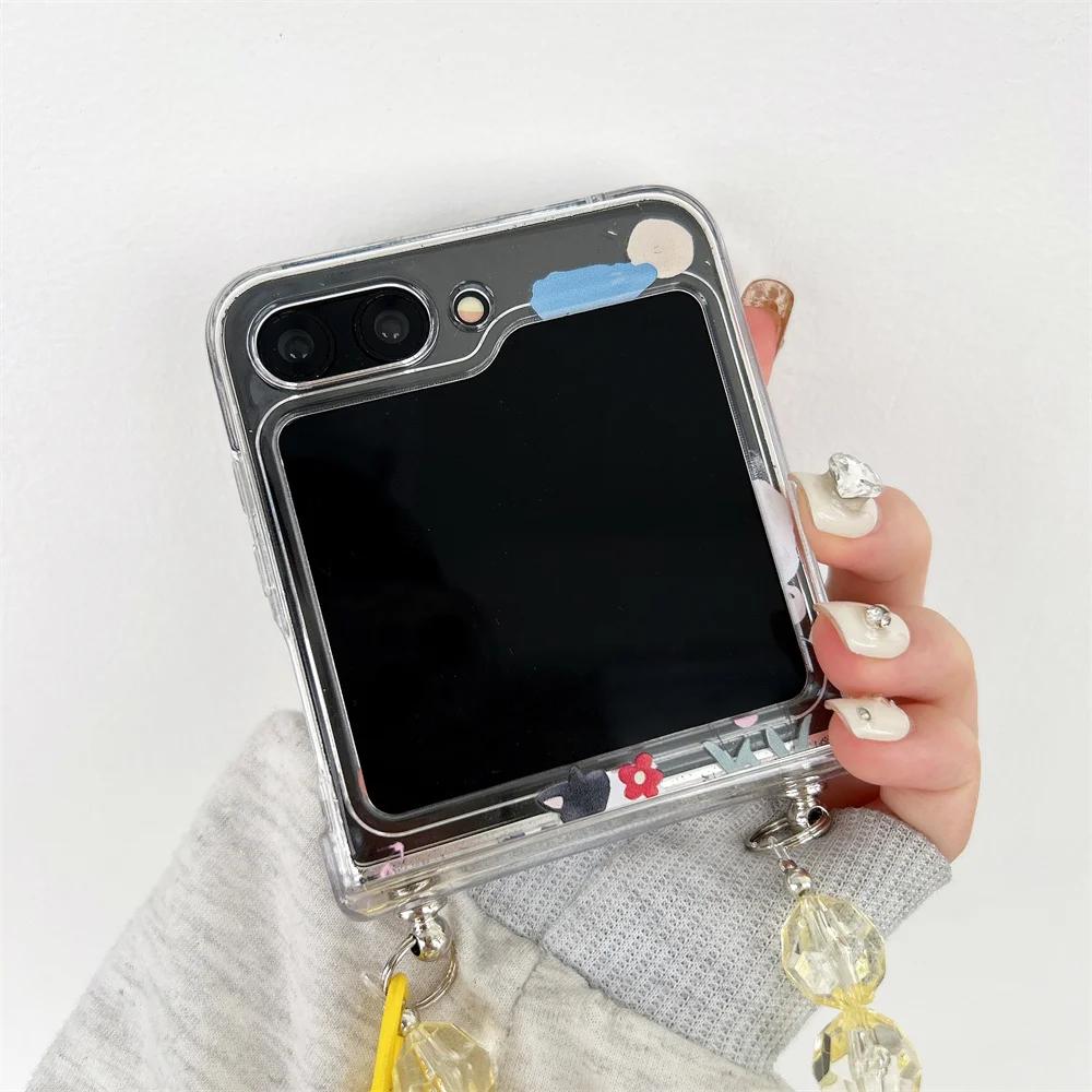 Cartoon Bear Hand Wrist Chain Case for Samsung Galaxy Z Flip 7 6 5 4 3 Flip7 Zflip Beads Bracelet Acrylic Shockproof Hard Cover