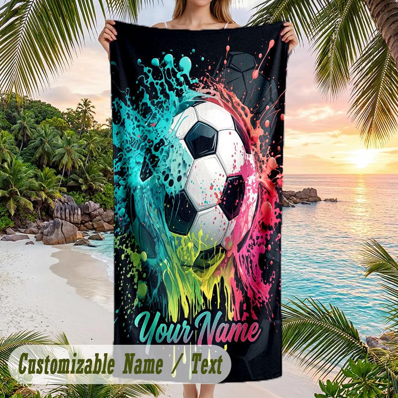 Soccer Ball Dreams Theme Quick Dry Beach Towel Custom Name Text Print Large Sand Resistant Towel Beach Vacation