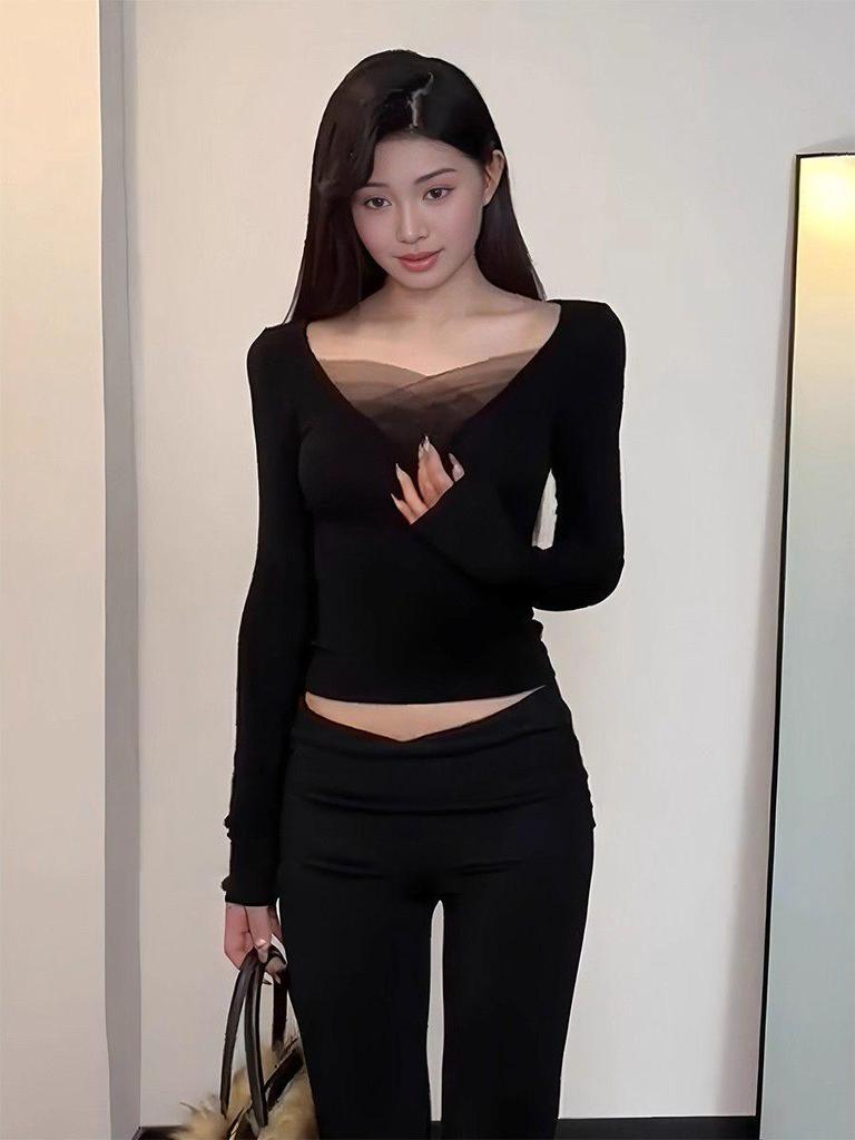 Modal V-Neck Mesh Patchwork Long-Sleeve Ballet T-Shirt for Women - Autumn/Winter Collection.