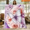 1pc Pink-Purple Butterfly & Rose Blanket Suitable for All Seasons, Soft Flannel Throw Bedspread with Butterfly Rose Print, Machine Washable Cozy Beddi