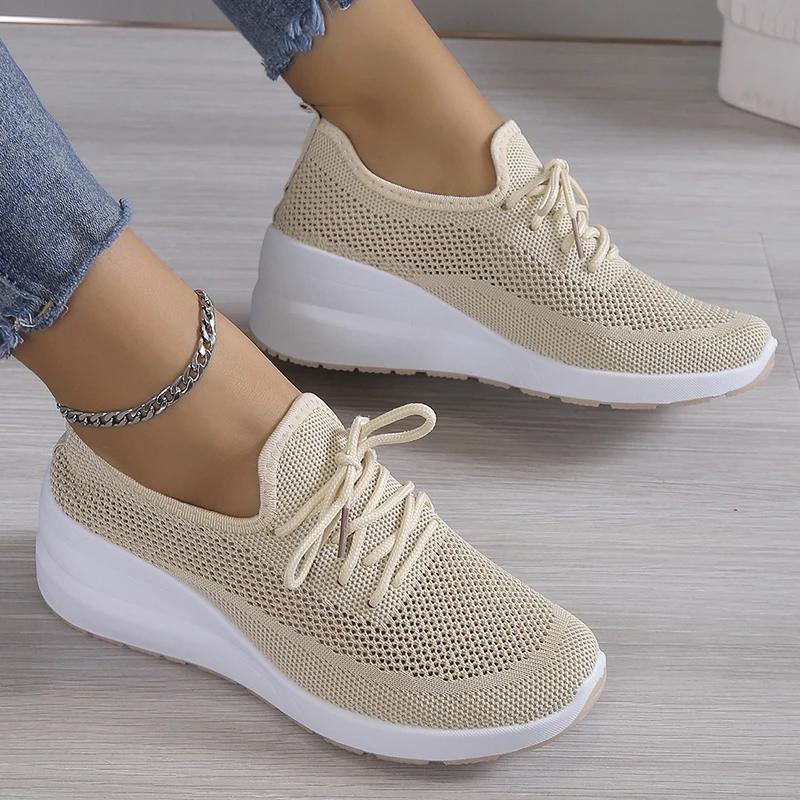 Spring Breathable Wedge Sneakers Women Mesh Knitted Platform Sports Shoes Woman Casual Non-Slip Lace Up Tennis Shoes Ladies