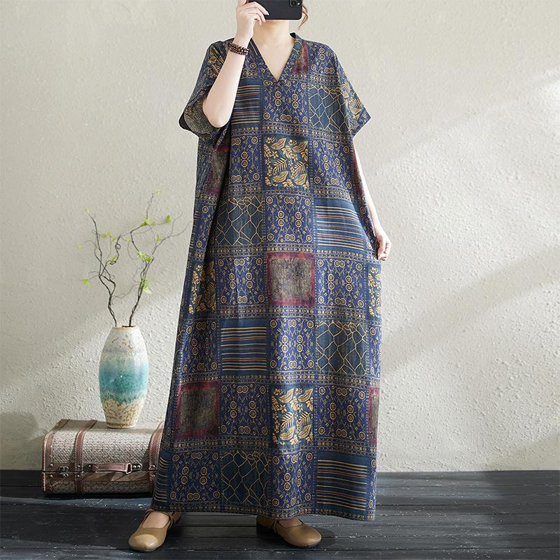 Summer Literary Plus Print V-neck Loose Vacation Style Short Sleeved Women's Dress