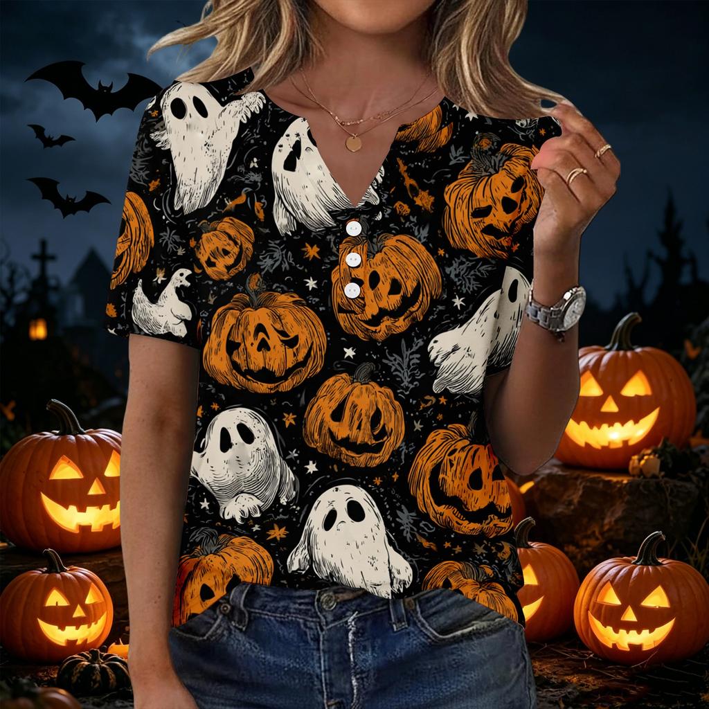 Women's Casual Halloween Print V Neck Short Sleeve T Shirt with Decorative Buttons Gothic Style Relaxed Fit Top for Everyday Wear