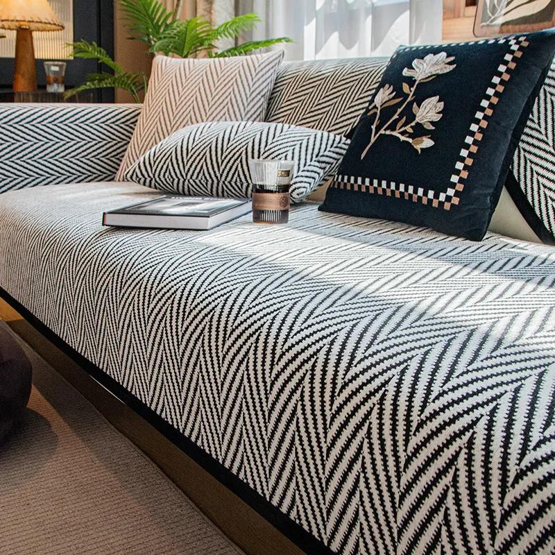 Sofa Cushion Fish Bone Pattern Winter Thickened Chenille Cushion Non-slip Leather Sofa Cover Cover 2025 New Cover Cloth Towel