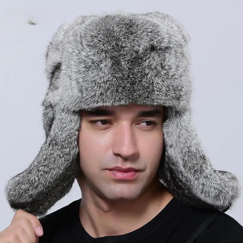 New Men's Winter Bomber Hat Thick Warm Rabbit Fur Trapper Ushanka Russia Style Ear Flap Cap for Cold Weather