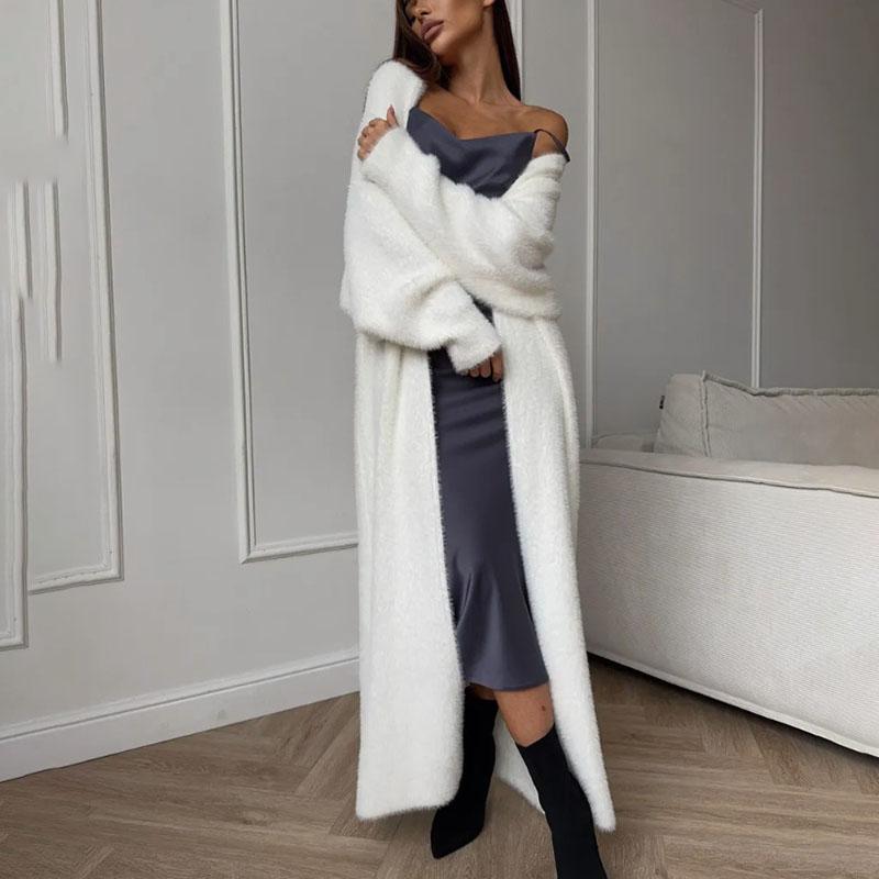 

Женский кардиган из норкового флиса, пальто, белый, мягкий, длинный, большого размера, кардиган, осенне-зимний, до колена, вязаный свитер-пальто XL белый