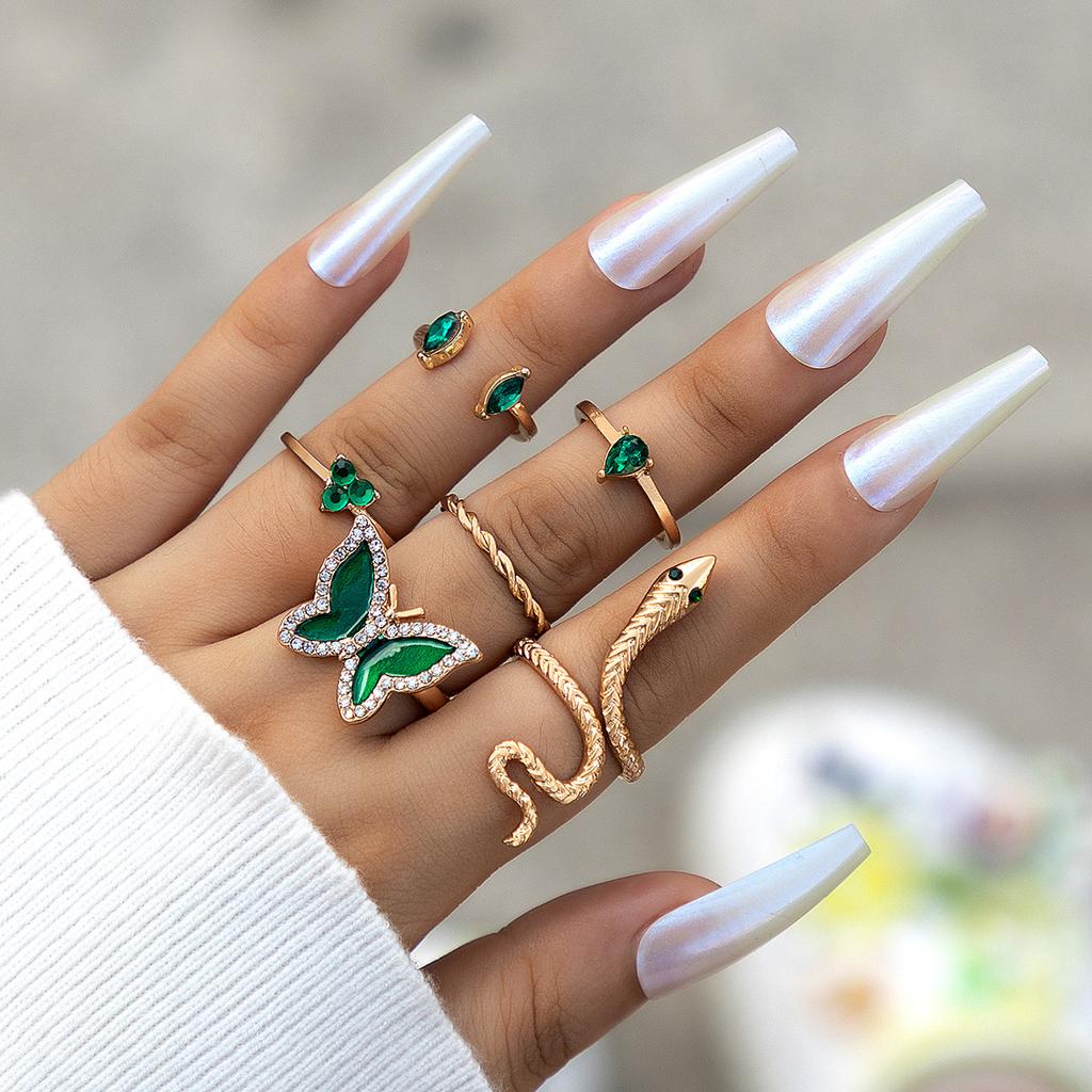 Colorful Crystal Snake Shape Ring Set For Women  Butterfly Heart Gold Color Geometric Rings Female Wedding Finger Jewelry