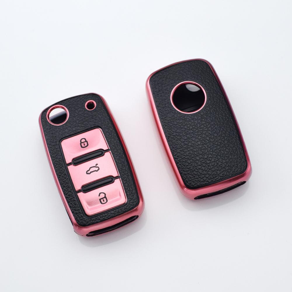 

Кожаный чехол для автомобильного ключа из ТПУ, защитная сумка для автомобильного ключа с полным покрытием для VW Volkswagen Polo Tiguan Passat Golf Jetta Lavida Skoda Octavia розовый