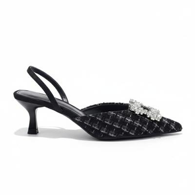Pointed Toe Mid Heels Women Pumps Luxury Rhinestones Square Buckle  Design Evening Party Daily Office Lady Slingback Shoes