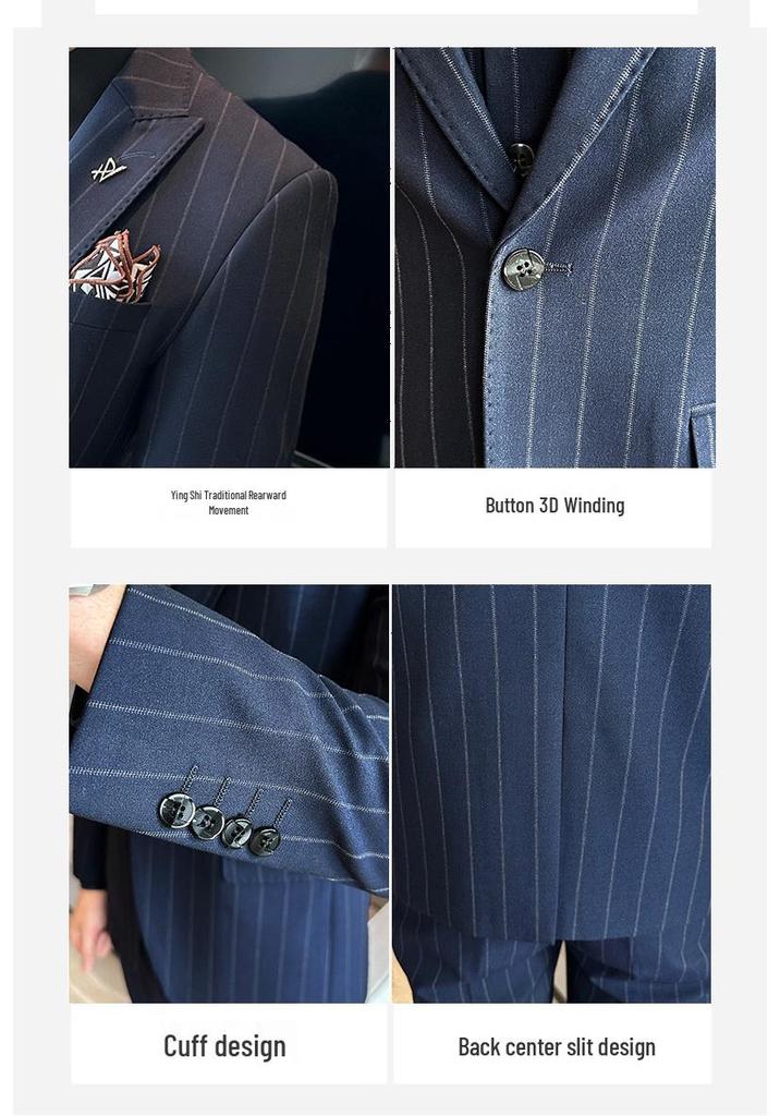 Slim Fit Striped Three-Piece Men's Suit - Casual Single-Breasted Wrinkle-Resistant Formal Wear.