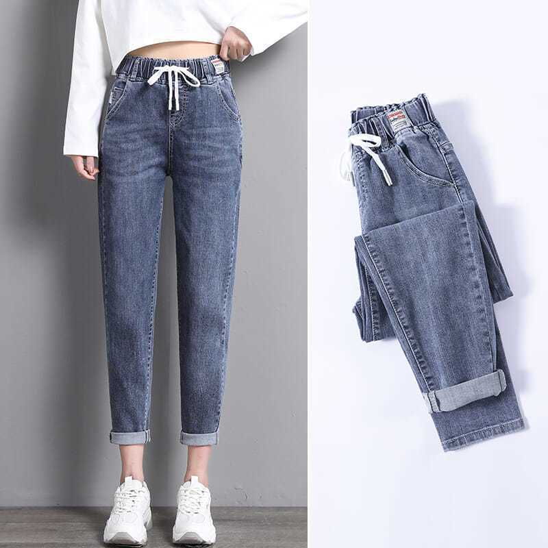 High Waist Elastic Waist Ankle-length Harem Denim Pants Women Simple Plus Size Cotton Elastic ForceJeans Woman Skinny Women Jeans Harem Pants