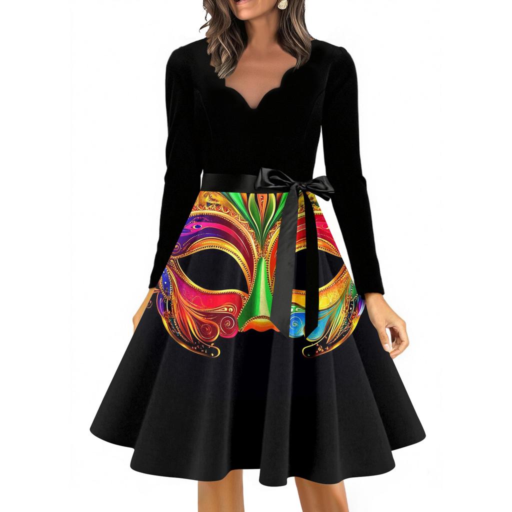 Dámské ležérní módní šaty s výstřihem do V, dlouhým rukávem, s potiskem, vintage, dlouhé