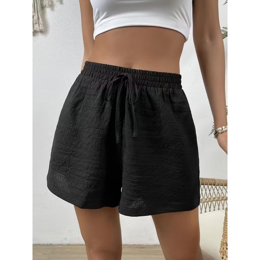Women's Summer Solid Color Casual Loose Shorts, Elastic Waist Lace-up, Minimalist Fashion Basic Versatile Home Shorts