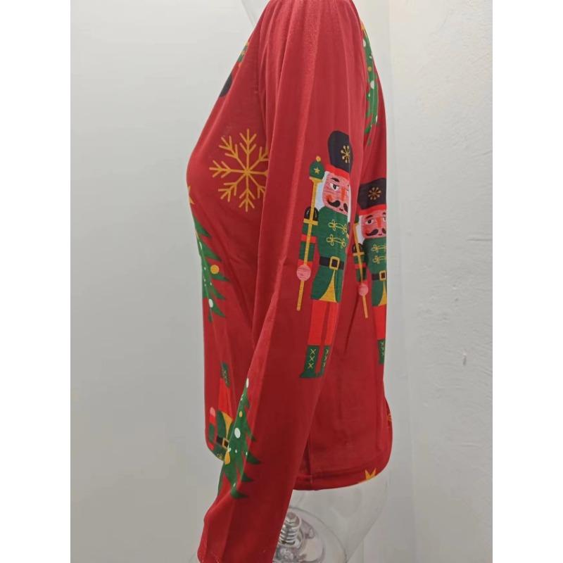 Damenbluse, lockerer V-Ausschnitt, bedruckt, Weihnachtsbaum, lässig, bedruckt, langärmelig