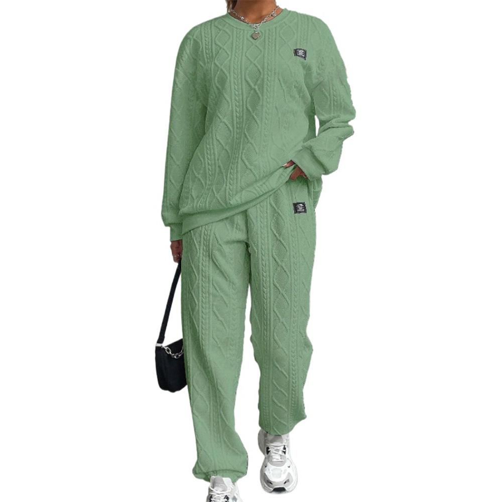 Ladies' Autumn and Winter Solid Color Jacquard Long Sleeved Casual Round Neck Sweatshirt and Pants Set