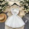 French Hepburn style dress women's summer high-end square neck suspender splicing mesh fluffy dress long dress