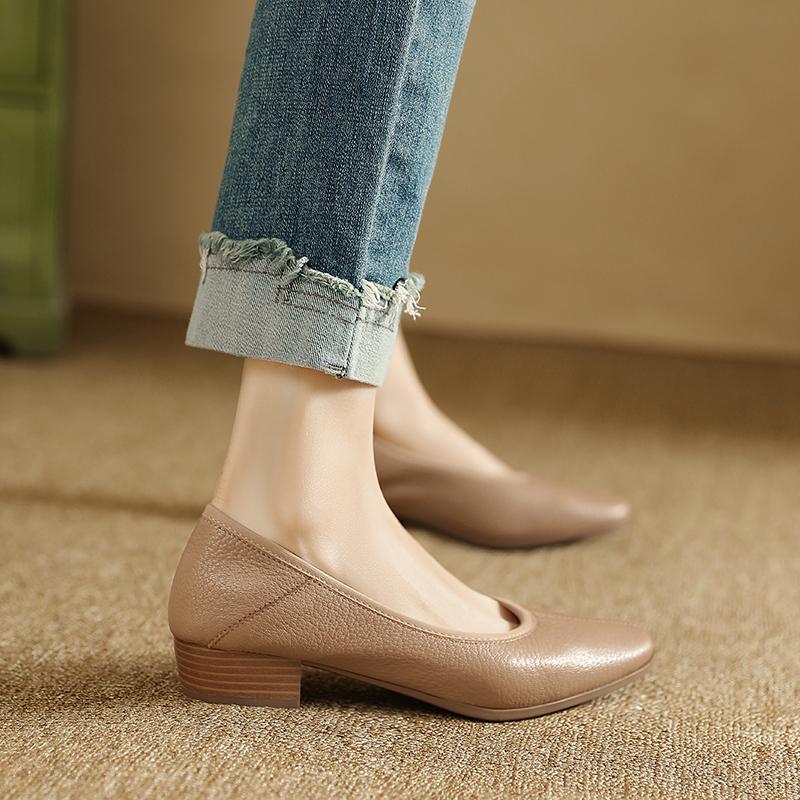 Fashion 2025 New Genuine Leather pumps Fashion Slip-On Spring Women's Shoes med-heel Square Toe Boat Shoes Handmade Size 34-41