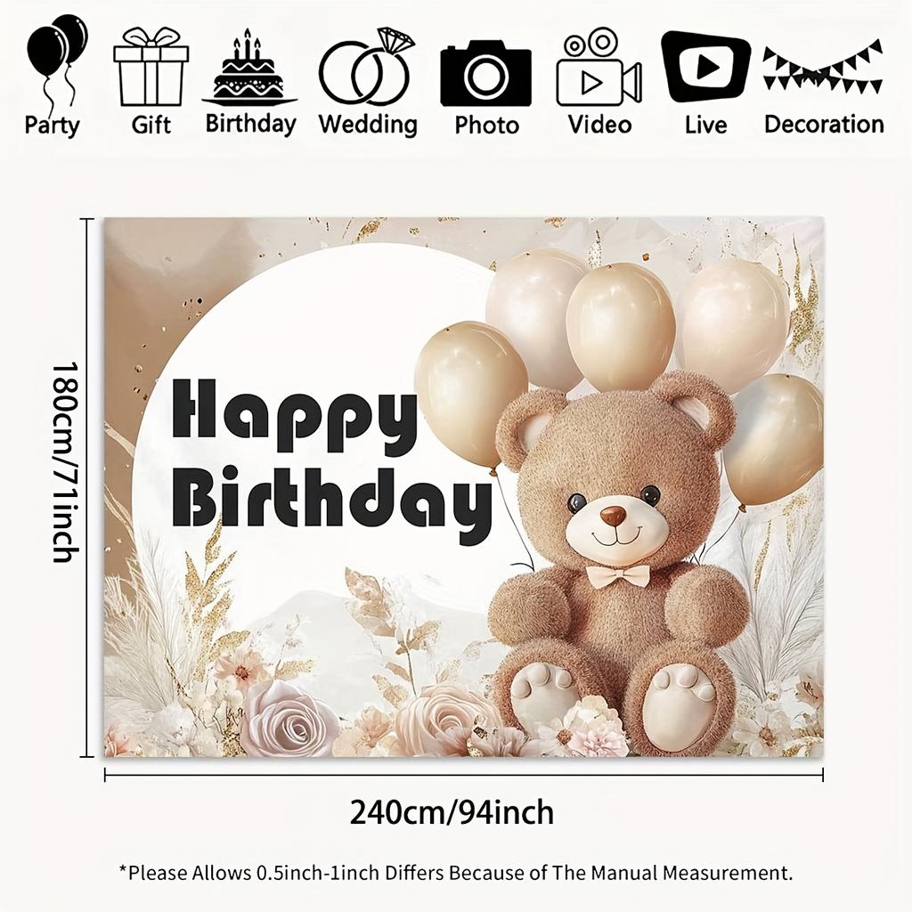 2D Flat 1 Warm Teddy Bear Birthday Theme Pattern Backdrop Cloth for Photo Party Supplies Photo Booth Posters Birthday Party
