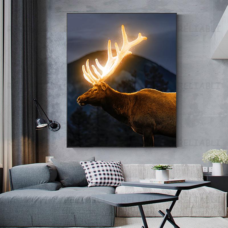 Abstract Canvas Painting with Animals, Deer Painting, Landscape, Horns, Posters and Prints for Living Room Decor, House Decoration, Cuadros