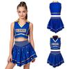 Kids Cheerleading Competition Wear V Neck Crop Top Rhinestone Trim Sleeveless with Built-in Shorts and Asymmetrical Ruffled Skirt
