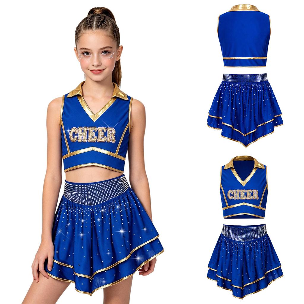 Kids Cheerleading Competition Wear V Neck Crop Top Rhinestone Trim Sleeveless with Built-in Shorts and Asymmetrical Ruffled Skirt