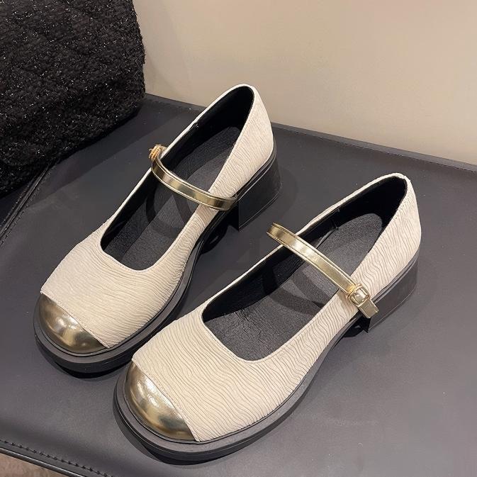 Mary Janes French High Heels Thick Soled Spring Autumn Footwear Round Toe Buckle Strap Ladies Mid Heel Pumps Zapatos De Mujer