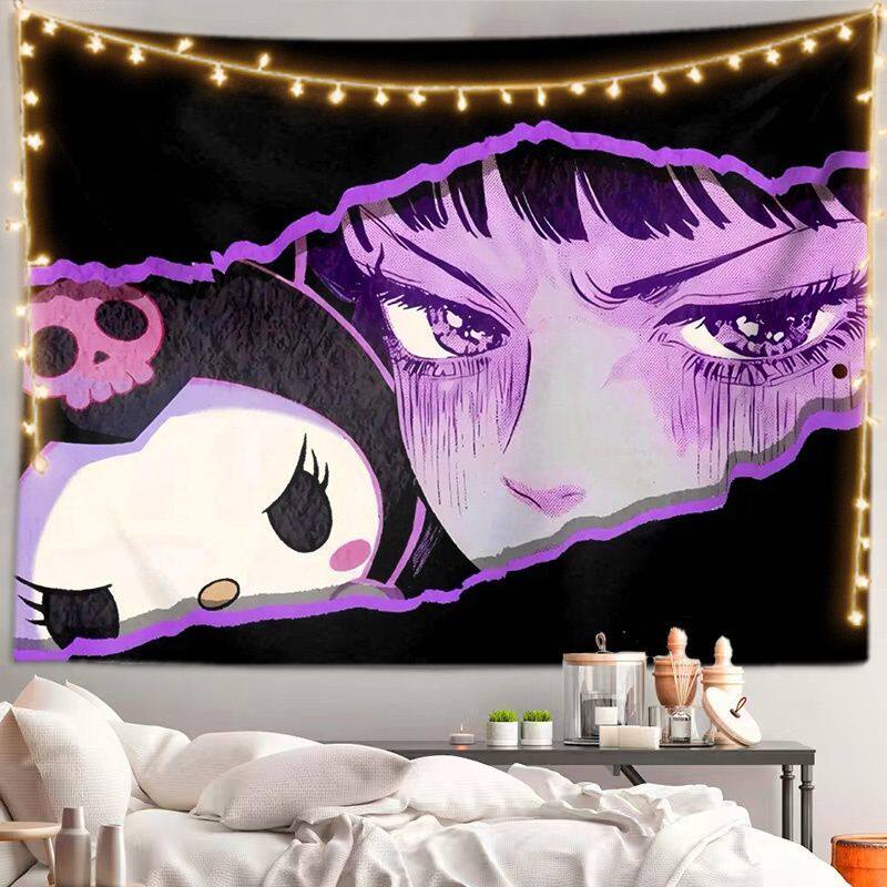 VIKAMA Cool Anime Girl Tapestry Black Hair Cool Girl Wall Hanging for Bedroom Dorm Gaming Room Decor Edgy Manga Art Poster