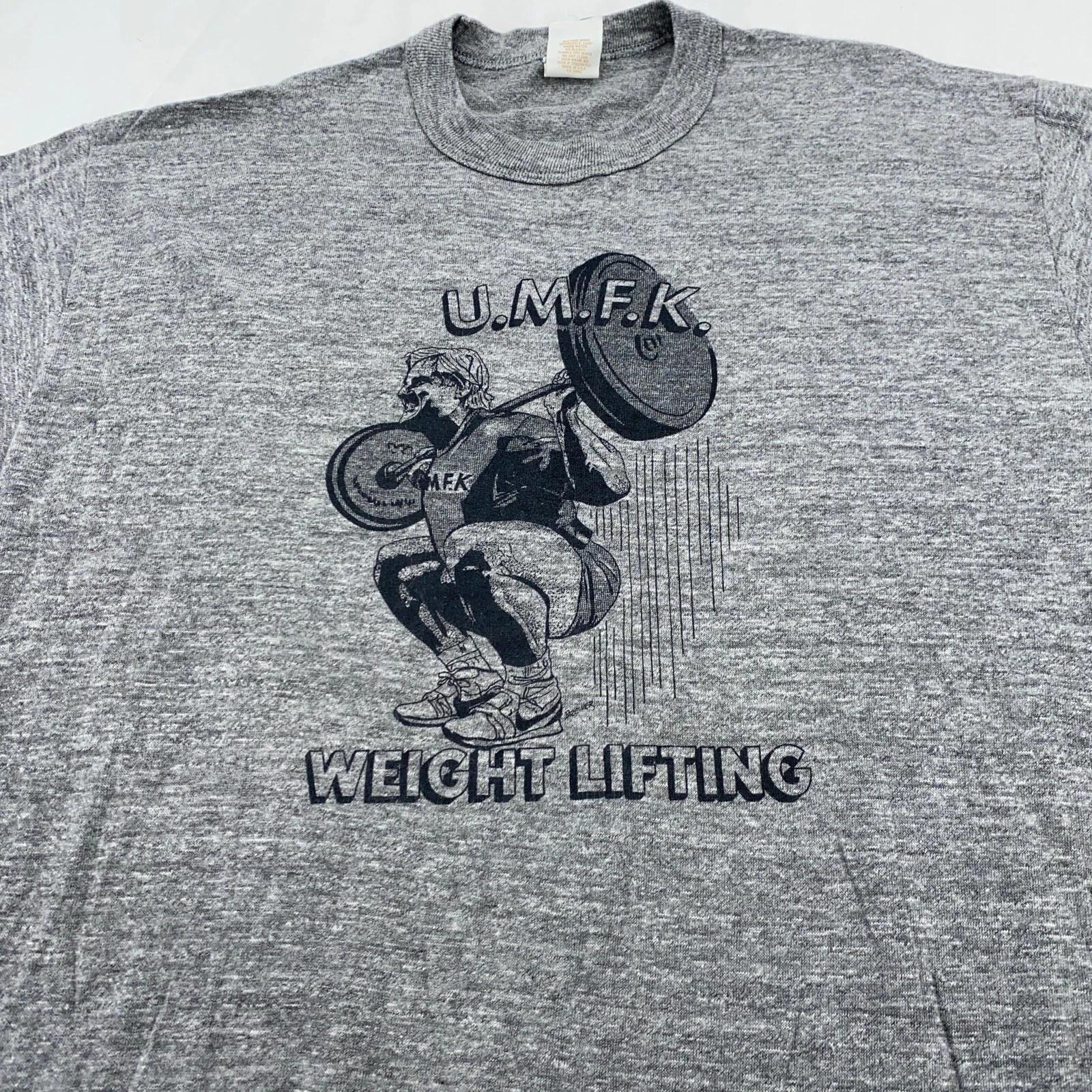 vtg 80s UNIVERSITY MAINE FORT KENT WEIGHT LIFTING RAYON TRI-BLEND T-Shirt M umfk 4XL