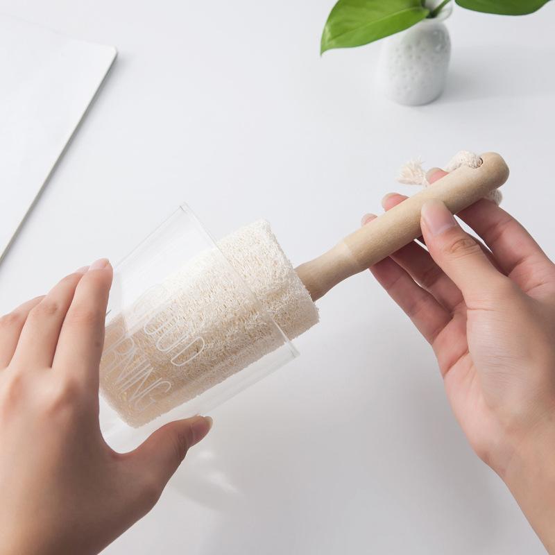 Kitchen Cleaning Luffa Brush, with Rope, Wooden Handle, Dishwasher Brush, Environmentally Friendly, Luffa Pulp, Non Stick Oil, Cleaning Brush,