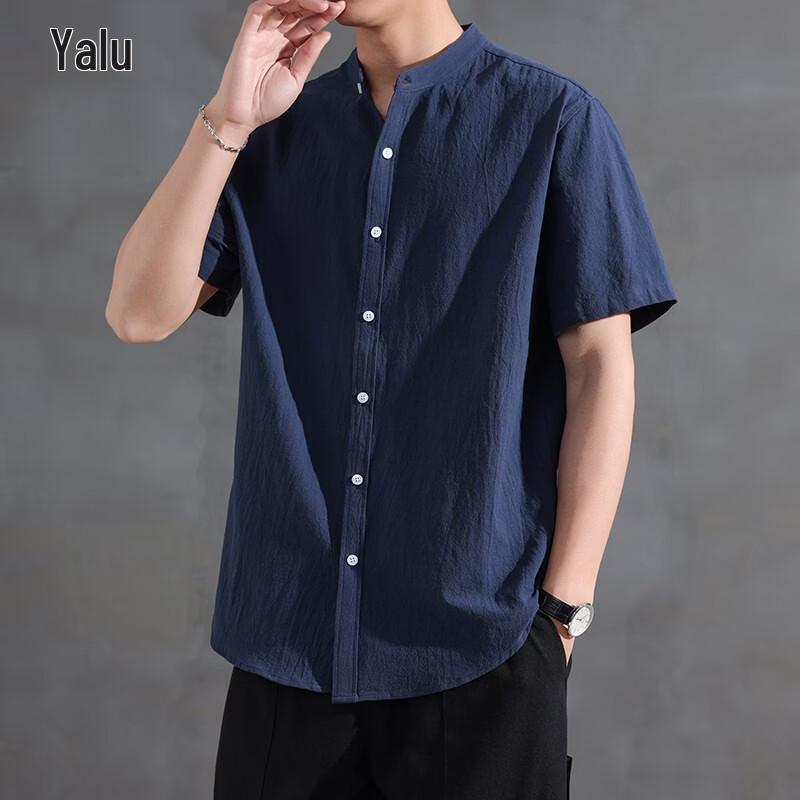 

Yalu Men s Summer Stand-Collar Cotton-Linen Blend Short Sleeve Shirt XL