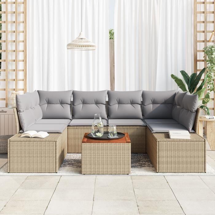 VidaXL Ensemble de canapé de jardin 7 pièces avec coussins beige poly rattan acacia 3347910