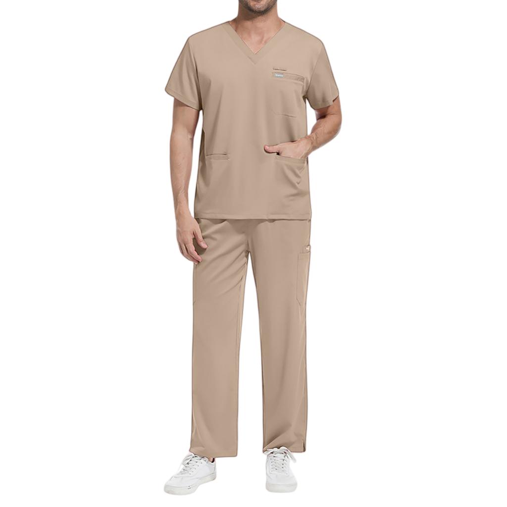 Men's Loose And Comfortable V-neck Short Sleeved Workwear With Tie Up Top And Waist Cinching Beauty Suit Set